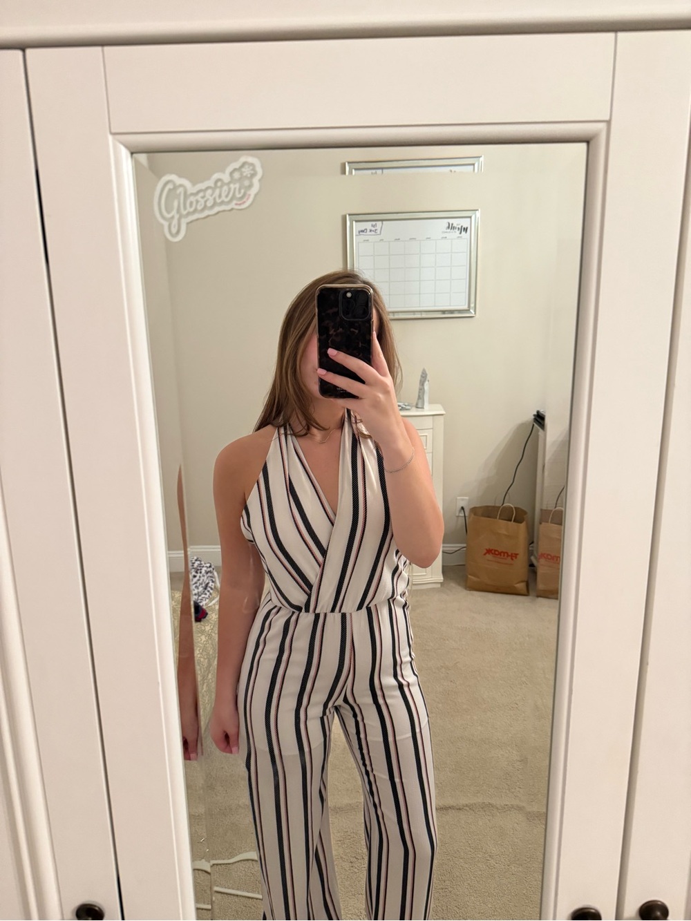 Striped Halter Wrap Jumpsuit in White and Black